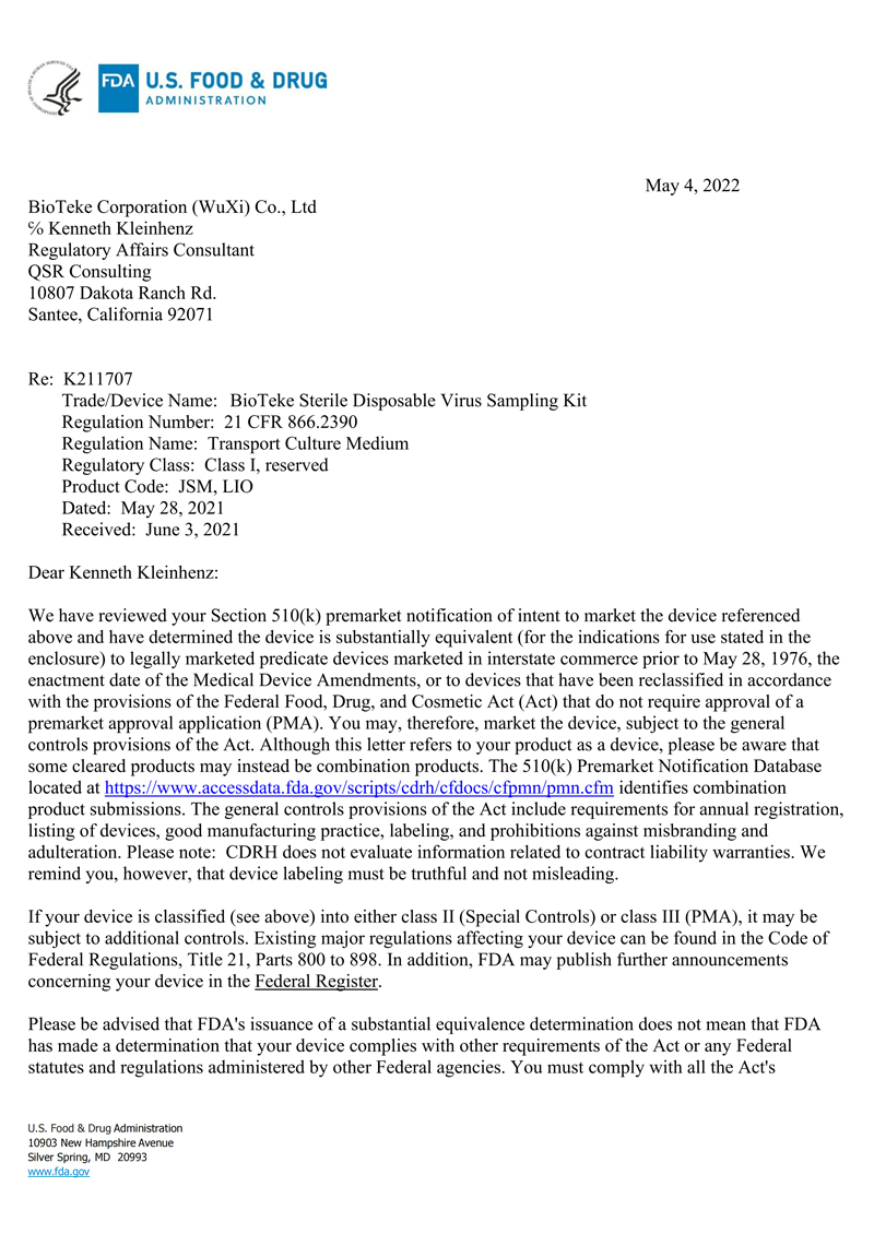 FDA 510(k) Autorisé Autorisation de la FDA basée sur une équivalence substantielle avec un dispositif légalement commercialisé.